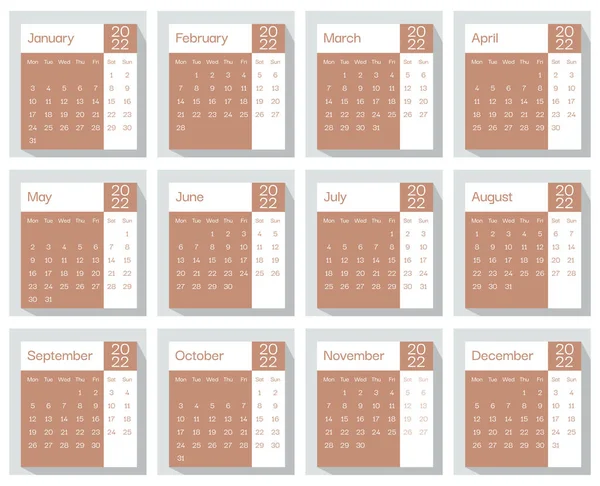 2022 Planificador Calendario Hoja Mes Color Marrón Semana Comienza Domingo — Vector de stock