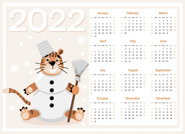 Tigre Come Pupazzo Neve Calendario Orizzontale 2022 Settimana Inizia Domenica — Vettoriale Stock