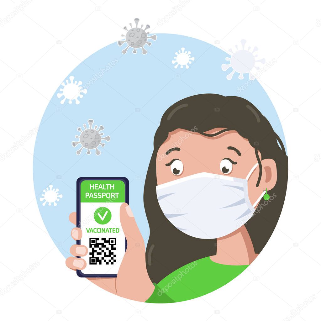 European woman with Certificate of vaccination on mobile phone screen in hand with QR code for health passport concept, app with online tracking coronavirus infection immune. Flat vector illustration.