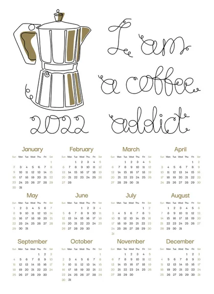 2022 Αφηρημένο Σχεδιασμό Ημερολόγιο Κούπα Καφέ Μορφή Εβδομάδα Ξεκινά Την — Διανυσματικό Αρχείο