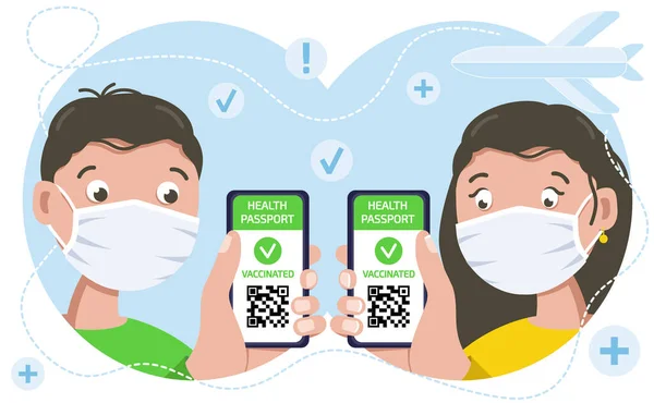 Homme Femme Européens Avec Certificat Vaccination Sur Téléphone Portable Main — Image vectorielle