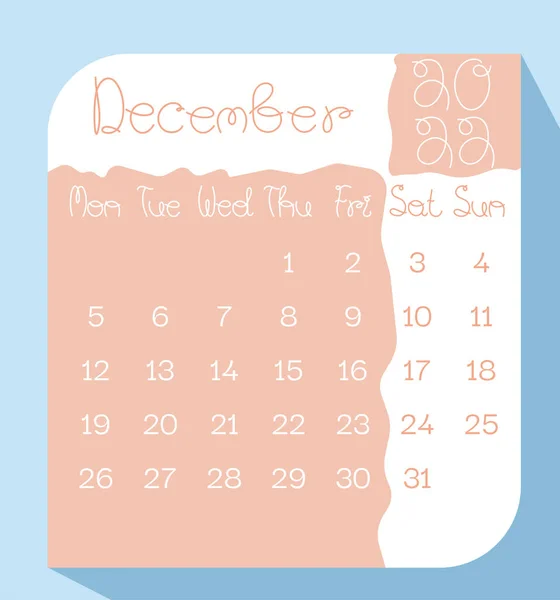Grudzień 2022 Kalendarz Planer Kolorze Pastelowym Odręcznie Napisanymi Literami Tydzień — Wektor stockowy