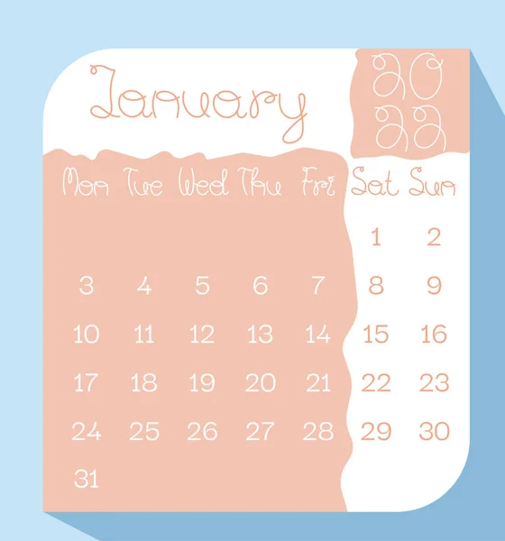 Styczeń 2022 Kalendarz Planer Kolorze Pastelowym Odręcznie Pisanych Liter Tydzień — Wektor stockowy