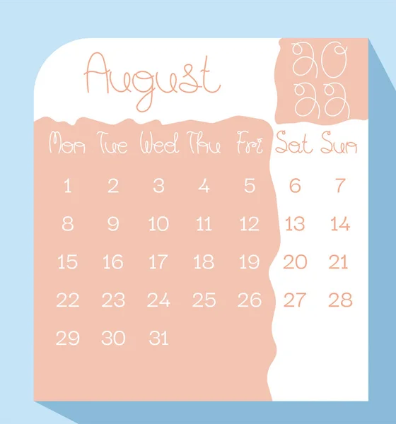 August 2022 Calendar Planner Pastel Color Handwritten Letters Week Starts — Stock Vector
