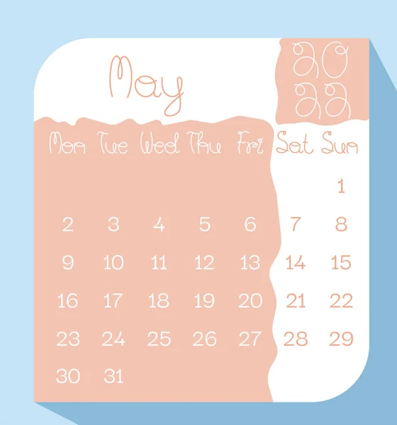 Mayo 2022 Planificador Calendario Color Pastel Con Letras Manuscritas Semana — Vector de stock