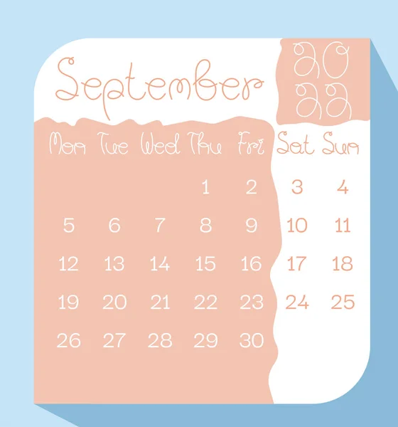 Septiembre 2022 Planificador Calendario Color Pastel Con Cartas Manuscritas Semana — Vector de stock