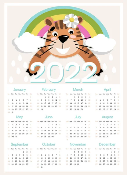 Тигр Радужным Календарем 2022 Года Формате Неделя Начинается Воскресенье Страница — стоковый вектор