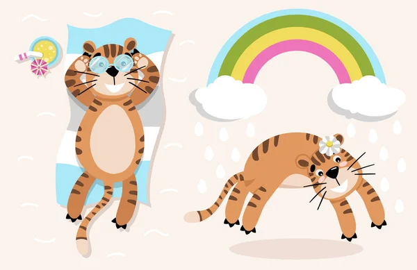 Conjunto Tigre Playa Verano Ilustración Arco Iris Color Sobre Fondo — Archivo Imágenes Vectoriales