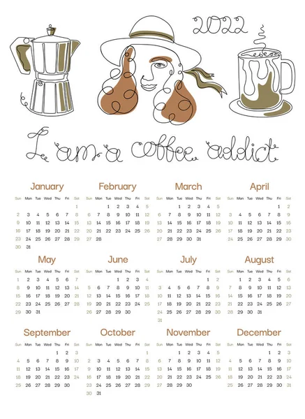 2022 Mulher Café Calendário Formato Semana Começa Domingo Modelo Página —  Vetores de Stock