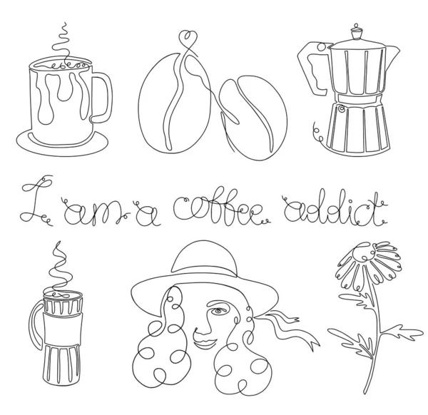 Ich Bin Ein Kaffeesüchtiger Einer Linie Kunststil Set Von Tasse — Stockvektor