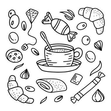 El yapımı espresso, çay, kahve, macchiato farklı şekillerde ve beyaz arka planda izole edilmiş siyah beyaz renkli. Vektör illüstrasyonu.