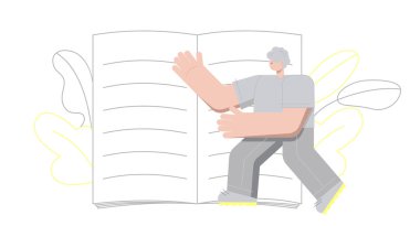 Erkek öğretmen, okul, üniversite ve üniversite konsepti için kitap, öğrenim ve öğrenim görmek istiyor. Modern stilde vektör illüstrasyonu.