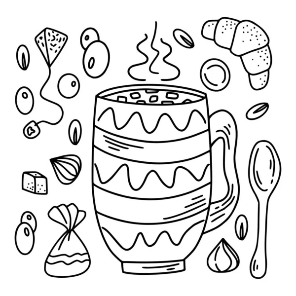 Гарячий Шоколадний Набір Стилі Намальованому Вручну Чай Кава Маккіато Різних — стоковий вектор