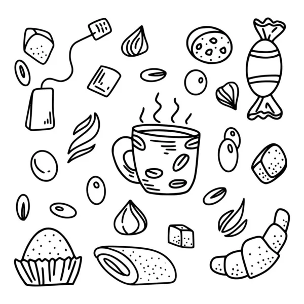 Плоский Білий Кавовий Набір Ручному Мальованому Стилі Чай Кава Маккіато — стоковий вектор