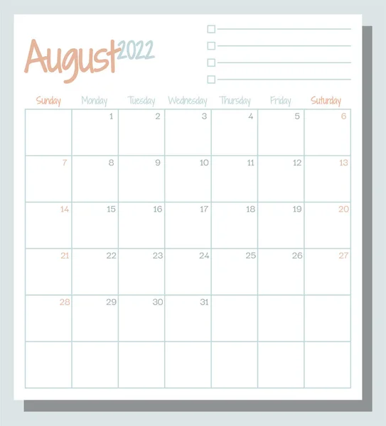 Augustus 2022 Kalendermaand Planner Met List Week Begint Zondag Template — Stockvector