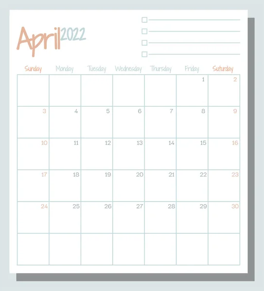 April 2022 Kalendermaand Planner Met List Week Begint Zondag Sjabloon — Stockvector
