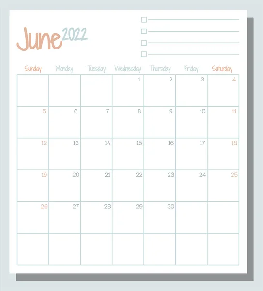 Juni 2022 Kalendermaand Planner Met List Week Begint Zondag Template — Stockvector