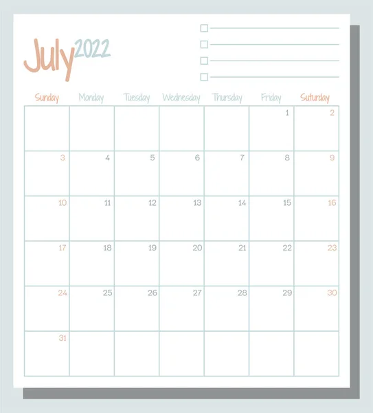 Julio 2022 Planificador Meses Calendario Con Lista Tareas Semana Comienza — Vector de stock