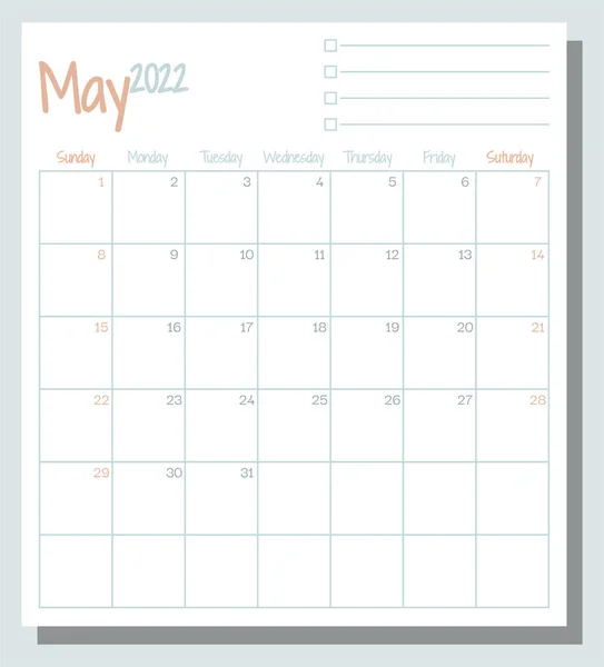 Mayo 2022 Planificador Meses Calendario Con Lista Tareas Semana Comienza — Archivo Imágenes Vectoriales