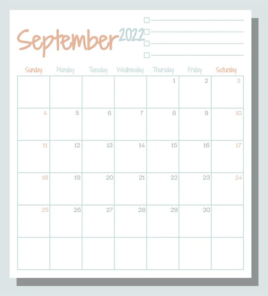 Septiembre 2022 Planificador Meses Calendario Con Lista Tareas Semana Comienza — Vector de stock