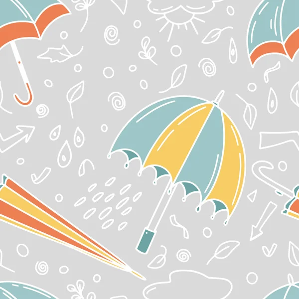 Regenschirm Nahtloses Muster Pastellfarbe Mit Blättern Und Aufschrift Auf Grauem — Stockvektor