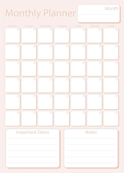 Hoja Planificador Mensual Color Rosa Claro Sin Fechas Semana Comienza — Archivo Imágenes Vectoriales