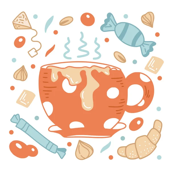 Cappuccino Σετ Στο Χέρι Που Στυλ Τσάι Καφέ Macchiato Διάφορα — Διανυσματικό Αρχείο