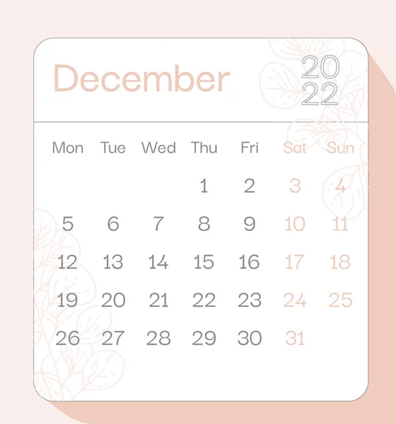 December 2022 Calendar Month Planner Floral Pattern Week Starts Monday — Stock Vector