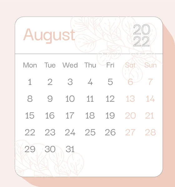 Agosto 2022 Planificador Meses Calendario Con Patrón Floral Semana Comienza — Vector de stock