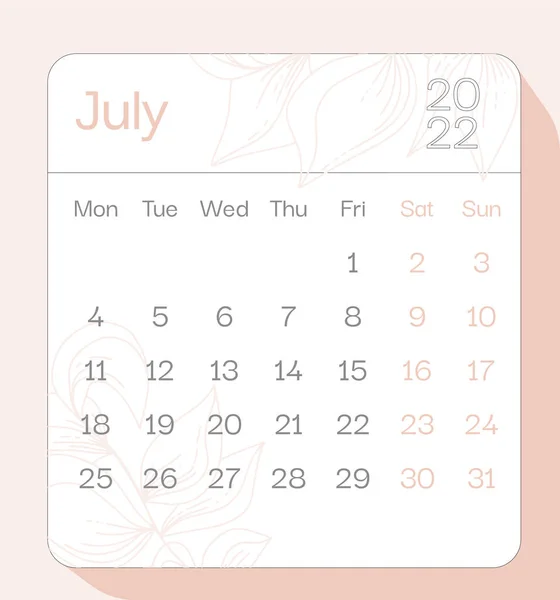 July 2022 Calendar Month Planner Floral Pattern Week Starts Monday — Stock Vector