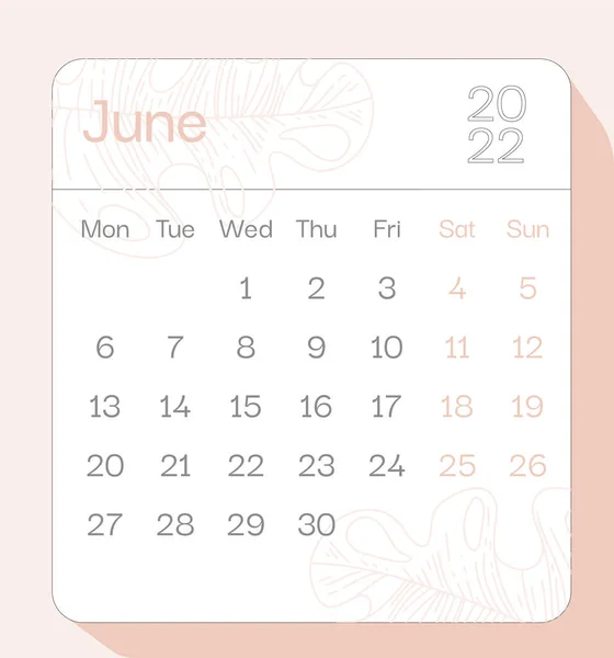 Junio 2022 Planificador Meses Calendario Con Patrón Floral Semana Comienza — Vector de stock