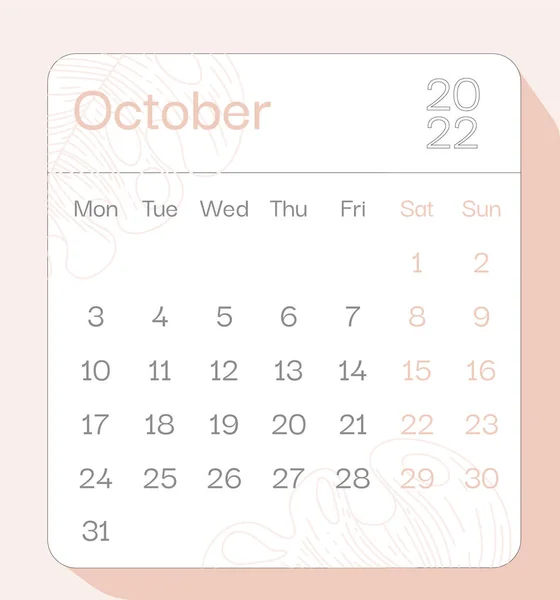 Oktober 2022 Kalender Bulan Perencana Dengan Pola Bunga Minggu Dimulai - Stok Vektor