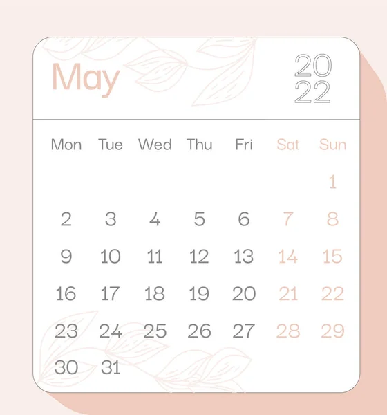 May 2022 Calendar Month Planner Floral Pattern Week Starts Monday — Stock Vector