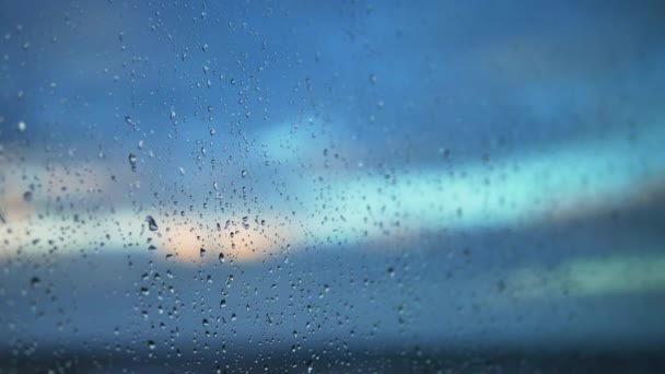 淋过雨。雨滴落在窗口上。重点从左到右，深度和背动作镜头。4 k 视频剪辑