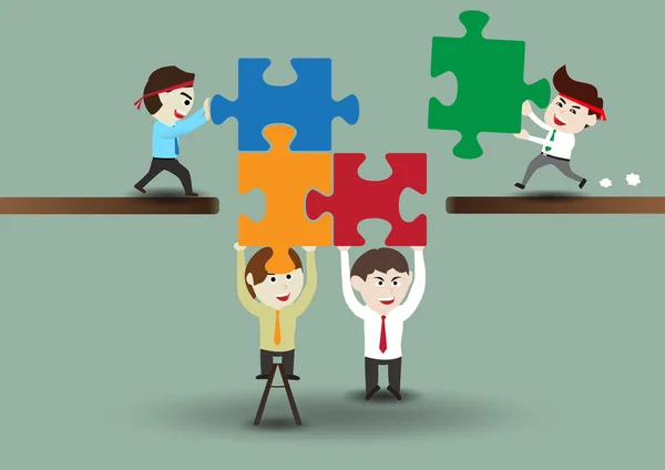 Teamwork, business men assembling pieces of a puzzle — Stock Vector