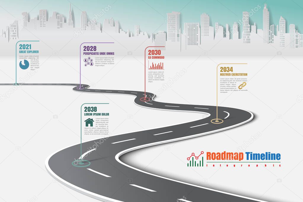 Business roadmap timeline infographic template with pointers designed for city background milestone modern diagram process technology digital marketing data presentation chart Vector illustration