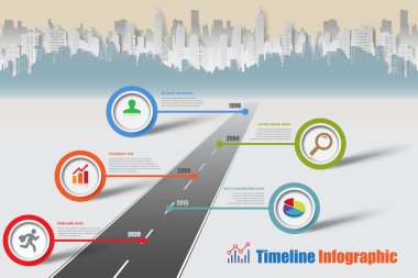 İş yol haritası-zaman çizelgesi Infographic şehir arka plan şablonu kilometre taşı öğe modern diyagramı işlem teknolojisi dijital pazarlama veri sunum grafiği için vektör çizim tasarlanmış
