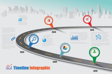 İş yol haritası-zaman çizelgesi Infographic şehir arka plan şablonu kilometre taşı öğe modern diyagramı işlem teknolojisi dijital pazarlama veri sunum grafiği için vektör çizim tasarlanmış