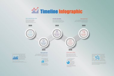 Arkaplan elementleri için tasarlanmış 5 adım çemberi olan modern iş zaman çizelgesi bilgisi diyagram planlama süreci web sayfaları iş akışı dijital teknoloji veri sunum grafiği. Vektör illüstrasyonu