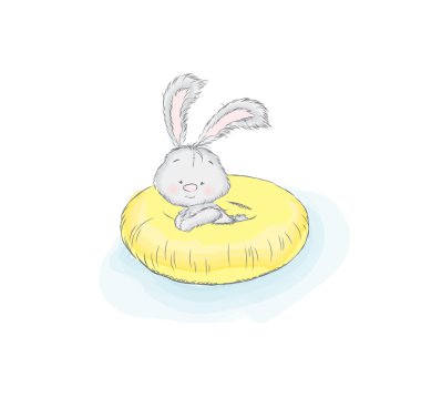 Sevimli tavşan şişme bir çember üzerinde yüzer. Vektör çizim.