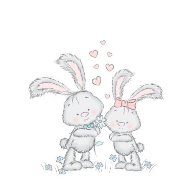 Sevimli tavşan vektör. Bunnies ile tebrik kartı. Vektör tebrik kartı, poster ya da giyim üzerine baskı için.