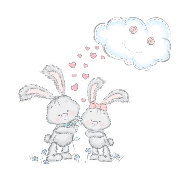 Sevimli tavşan vektör. Bunnies ile tebrik kartı. Vektör tebrik kartı, poster ya da giyim üzerine baskı için.