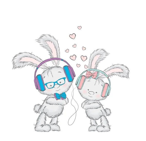 Lovely leverets headphones. Couples in love. Postcard with rabbits. — Stock Vector