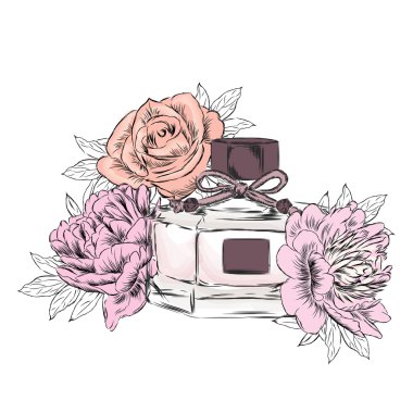 Parfüm şişesi ve çiçekler. Vektör .