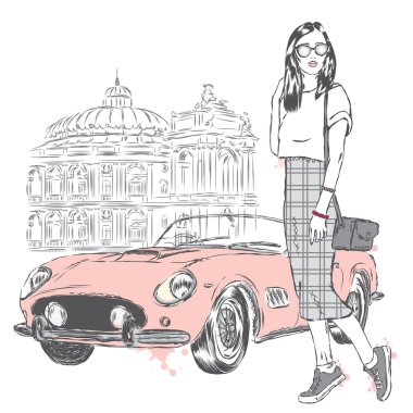 Retro car yakınındaki güzel kız. Bir kartı veya poster için vektör çizim. Moda ve stil.