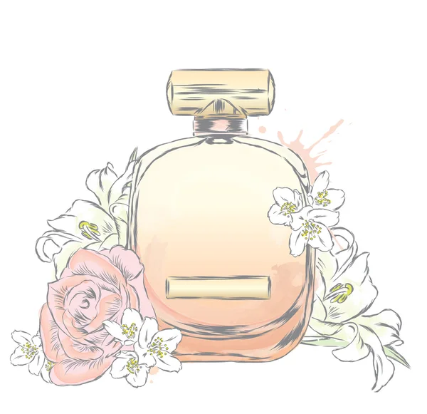 Perfume bottle and flowers. Vector . Print on a postcard, poster or clothing. — Stock Vector