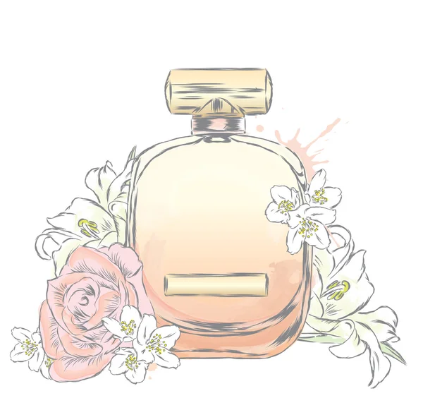 Botella de perfume y flores. Vector. Impresión en una postal, póster o ropa . — Vector de stock