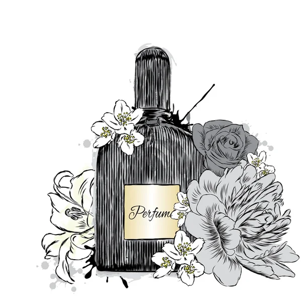 Perfume bottle and flowers. Vector . Print on a postcard, poster or clothing. — Stock Vector