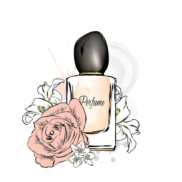 Perfume bottle and flowers. Vector . Print on a postcard, poster or clothing. — Stock Vector