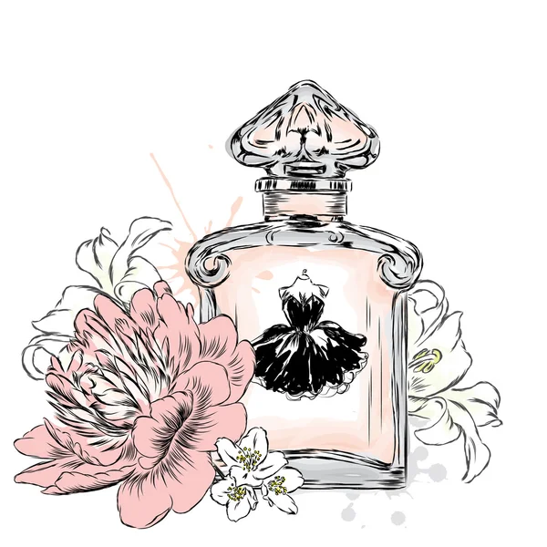 Perfume bottle and flowers. Vector . Print on a postcard, poster or clothing. — Stock Vector